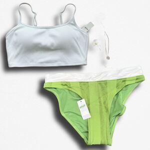 Aerie NWT Lime Green Ribbed Bikini XS - High Waisted Stripe
